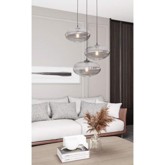 Lampadario 3 Luci Iris Base Tonda In Acciaio Nero Paralume Plissettato Fumè LA0031-EB-3-NR-GR2