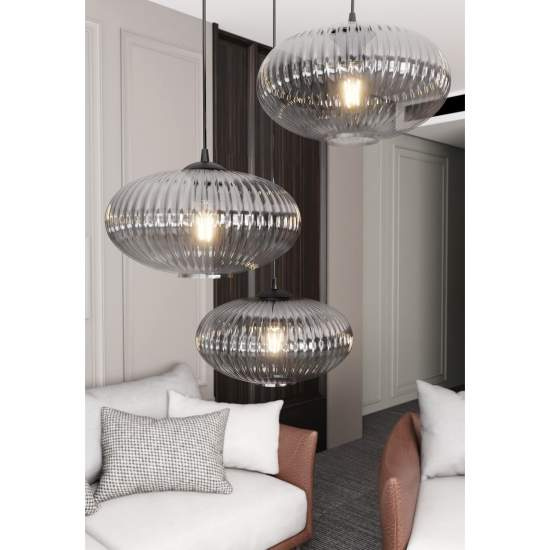 Lampadario 3 Luci Iris Base Tonda In Acciaio Nero Paralume Plissettato Fumè LA0031-EB-3-NR-GR2