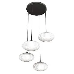Lampadario 4 Luci Peteh Base Tonda Acciaio Nero Paralume Plissettato Bianco