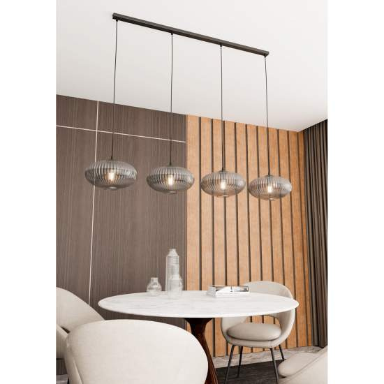 Lampadario 4 Luci Iris In Acciaio Nero Paralume Plissettato Fumè LA0031-EB-4-NR-GR