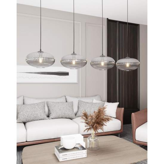 Lampadario 4 Luci Iris In Acciaio Nero Paralume Plissettato Fumè LA0031-EB-4-NR-GR