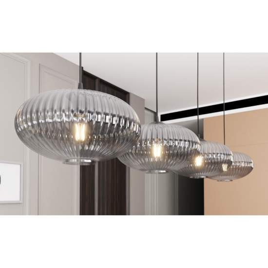 Lampadario 4 Luci Iris In Acciaio Nero Paralume Plissettato Fumè LA0031-EB-4-NR-GR