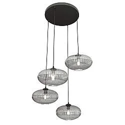 Lampadario 4 Luci Suchos Base Tonda Acciaio Nero Paralume Plissettato Fumè