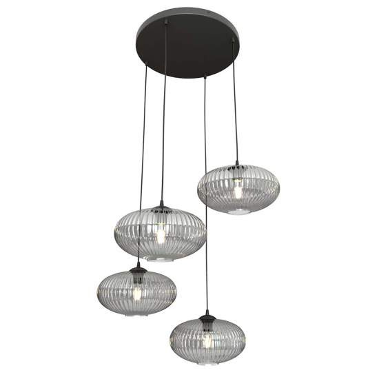 Lampadario 4 Luci Iris Base Tonda In Acciaio Nero Paralume Plissettato Fumè LA0031-EB-4-NR-GR2