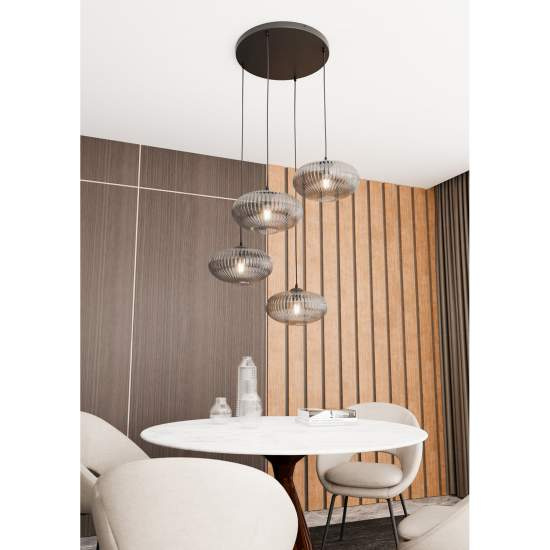 Lampadario 4 Luci Iris Base Tonda In Acciaio Nero Paralume Plissettato Fumè LA0031-EB-4-NR-GR2