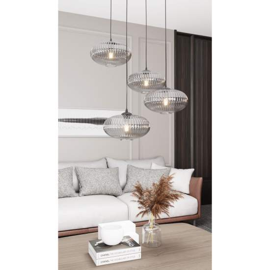 Lampadario 4 Luci Iris Base Tonda In Acciaio Nero Paralume Plissettato Fumè LA0031-EB-4-NR-GR2