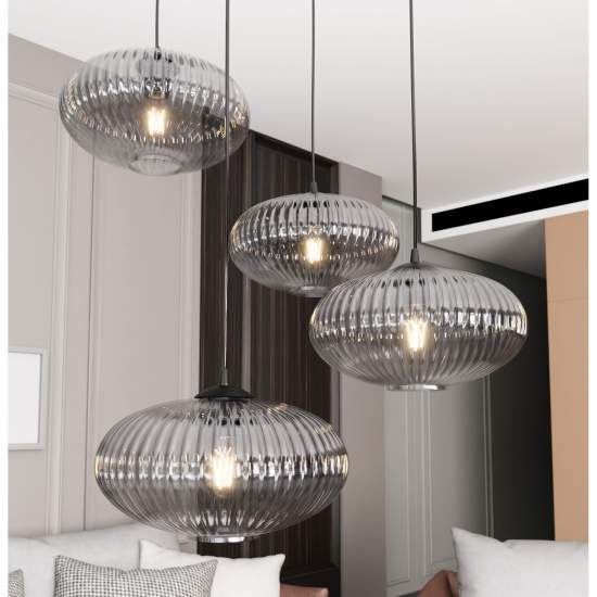 Lampadario 4 Luci Iris Base Tonda In Acciaio Nero Paralume Plissettato Fumè LA0031-EB-4-NR-GR2