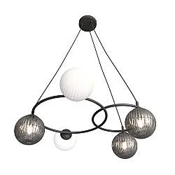 Lampadario 5 Luci Bel A Cerchi E Diffusori In Vetro Rigato Opale E Fumè