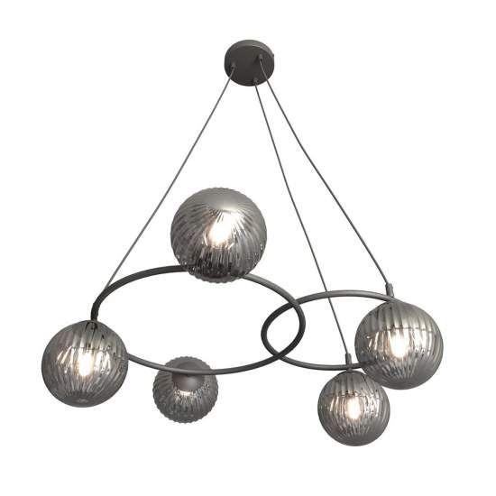 Lampadario 5 Luci Eolo A Cerchi E Diffusori In Vetro Rigato Fumè LA0032-EB-5-NR-GR