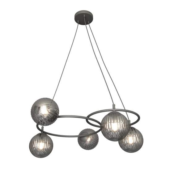 Lampadario 5 Luci Eolo A Cerchi E Diffusori In Vetro Rigato Fumè LA0032-EB-5-NR-GR