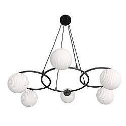 Lampadario 6 Luci Bel A Cerchi E Diffusori In Vetro Rigato Opale