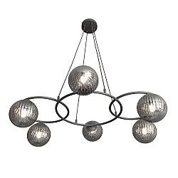 Lampadario 6 Luci Bel A Cerchi E Diffusori In Vetro Rigato Fumè
