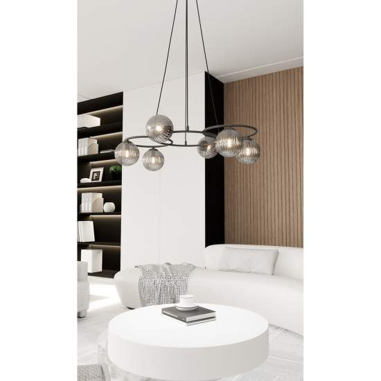 Lampadario 6 Luci Eolo A Cerchi E Diffusori In Vetro Rigato Fumè LA0032-EB-6-NR-GR