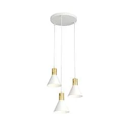 Lampadario 3 Luci Thalattē Tondo Acciaio Bianco Paralumi Conici Bianco Oro