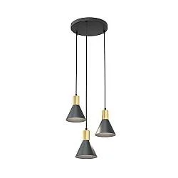 Lampadario 3 Luci Sin Base Tonda Acciaio Nero Paralumi Conici Nero Oro