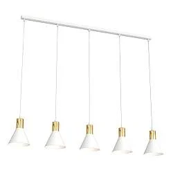 Lampadario 5 Luci Thalattē Acciaio Bianco E Paralumi Conici Bianco E Oro