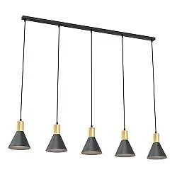 Lampadario 5 Luci Sin Acciaio Nero E Paralumi Conici Nero E Oro