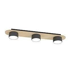 Plafoniera 3 Luci Freya In Acciaio Nero E Legno Naturale Diffusore A Cilindro