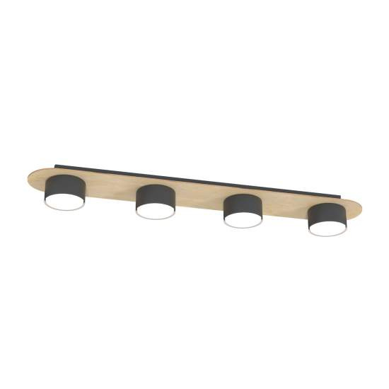 Plafoniera 4 Luci Freya In Acciaio Nero E Legno Naturale Diffusore A Cilindro LA0045-EB-PL4-NR2