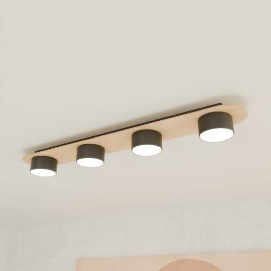 Plafoniera 4 Luci Freya In Acciaio Nero E Legno Naturale Diffusore A Cilindro LA0045-EB-PL4-NR2