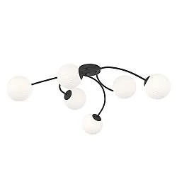 Plafoniera 6 Luci Loki In Acciaio Nero E Vetro Rigato A Sfera Bianco