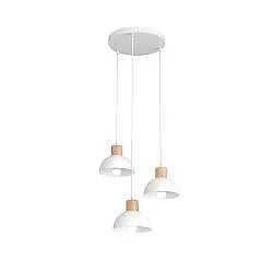 Sospensione Nordica 3 Luci Tethys Base Tonda Acciaio Bianco E Legno Naturale