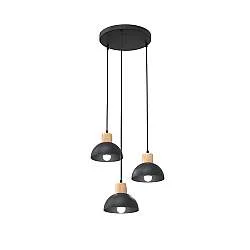 Sospensione Nordica 3 Luci Tethys Base Tonda Acciaio Nero E Legno Naturale