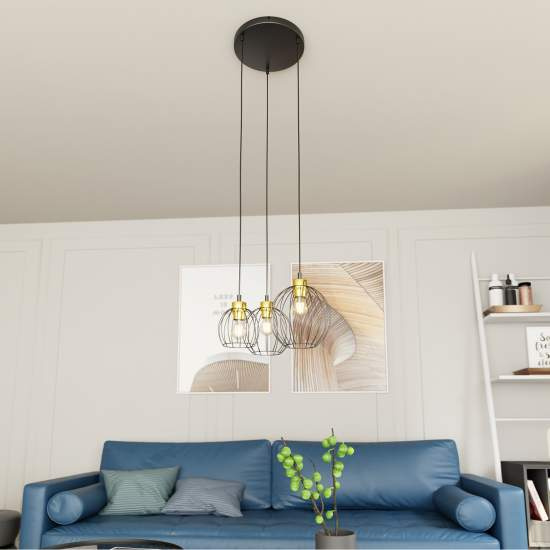 Sospensione Minimal Industrial Hathor 3 Luci Tonda Nera E Oro LA0056-EB-3-NR-OR2
