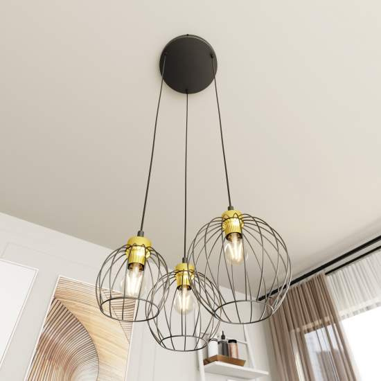 Sospensione Minimal Industrial Hathor 3 Luci Tonda Nera E Oro LA0056-EB-3-NR-OR2