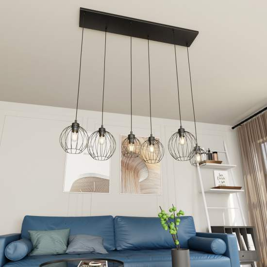 Sospensione Minimal Industrial Hathor 6 Luci Lineari Nera LA0056-EB-6-NR