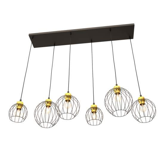 Sospensione Minimal Industrial Hathor 6 Luci Lineari Nera E Oro LA0056-EB-6-NR-OR