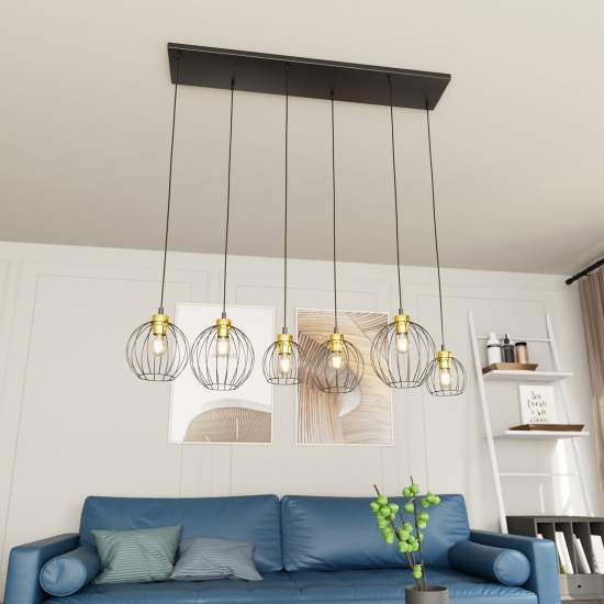 Sospensione Minimal Industrial Hathor 6 Luci Lineari Nera E Oro LA0056-EB-6-NR-OR