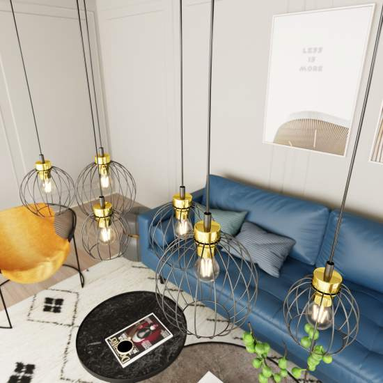 Sospensione Minimal Industrial Hathor 6 Luci Lineari Nera E Oro LA0056-EB-6-NR-OR