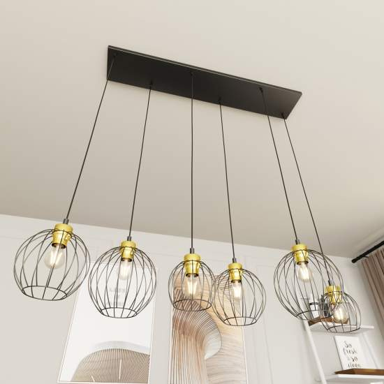 Sospensione Minimal Industrial Hathor 6 Luci Lineari Nera E Oro LA0056-EB-6-NR-OR
