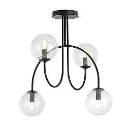 Plafoniera Moderna Utu 4 Luci In Acciaio Nero E Vetro Trasparente 50 Cm