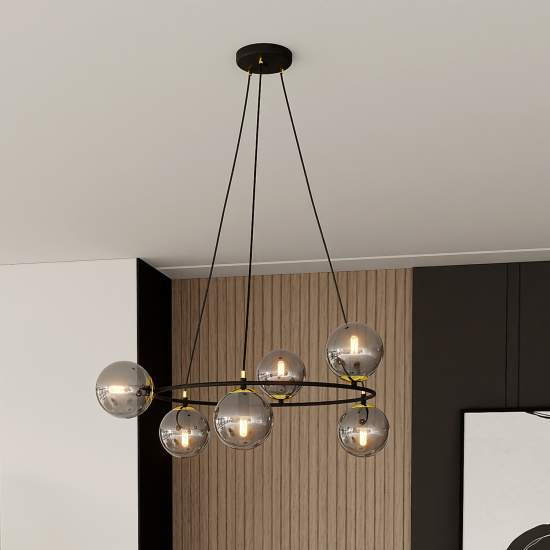 Lampadario Minimal Tiamat Acciaio Nero Oro Grigio 6 Luci E14 Ip20 LA0073-EB-6-OR-GR