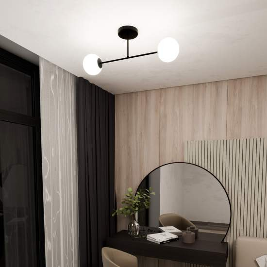 Plafoniera Moderna Morrigan 2 Luci In Acciao Nero E Sfere In Vetro Bianco LA0079-EB-PL2-NR-BI