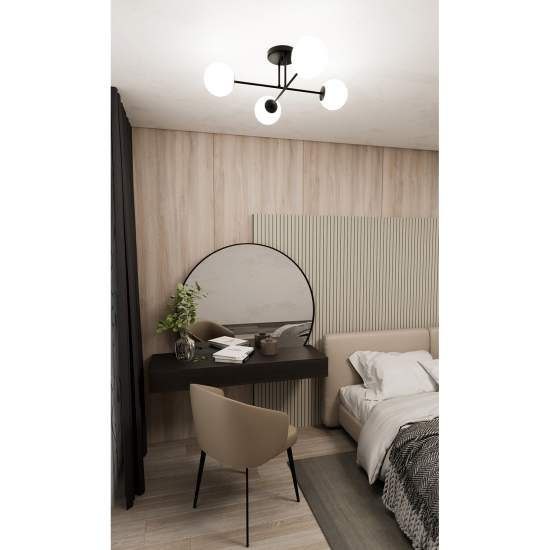 Plafoniera Moderna Morrigan 4 Luci In Acciao Nero E Sfere In Vetro Bianco LA0079-EB-PL4-NR-BI
