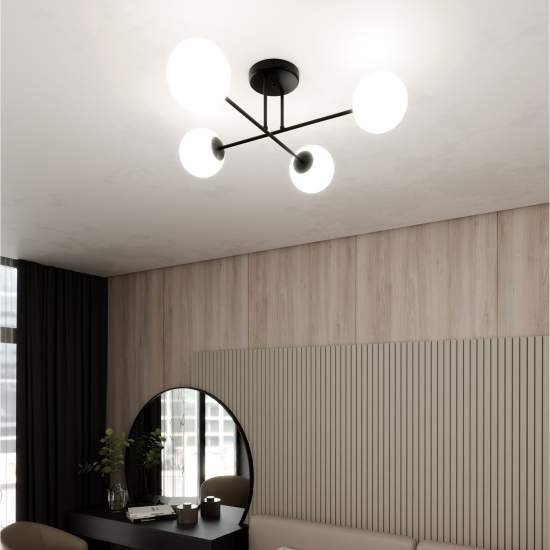 Plafoniera Moderna Morrigan 4 Luci In Acciao Nero E Sfere In Vetro Bianco LA0079-EB-PL4-NR-BI