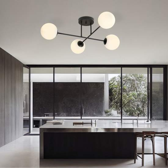 Plafoniera Moderna Morrigan 4 Luci In Acciao Nero E Sfere In Vetro Bianco LA0079-EB-PL4-NR-BI