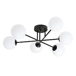 Plafoniera Moderna Morrigan 6 Luci In Acciao Nero E Sfere In Vetro Bianco