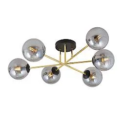 Plafoniera Moderna Magnium 6 Luci In Acciao Oro E Sfere In Vetro Fumè