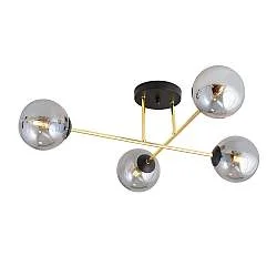 Plafoniera Moderna Magnium 4 Luci In Acciao Oro E Sfere In Vetro Fumè