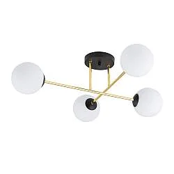Plafoniera Moderna Magnium 4 Luci In Acciao Nero Oro E Sfere In Vetro Bianco