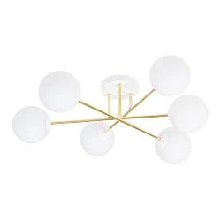Plafoniera Moderna Magnium 6 Luci In Acciao Oro E Sfere In Vetro Bianco