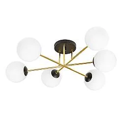 Plafoniera Moderna Magnium 6 Luci In Acciao Nero Oro E Sfere In Vetro Bianco