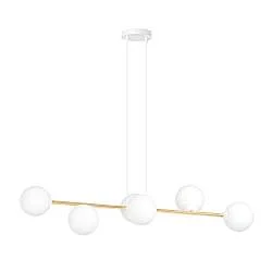 Sospensione Contemporanea Okami 6 Luci Acciaio Bianco Oro Vetro Bianco