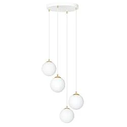 Sospensione Contemporanea Yudi 4 Luci Acciaio Bianco Sfera Vetro Bianco