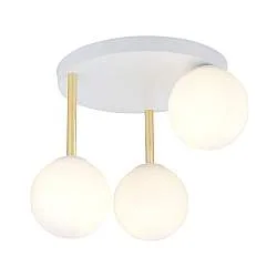 Plafoniera Contemporanea 3 Luci Teseo In Acciaio Bianco Oro E Sfere Vetro Bianco