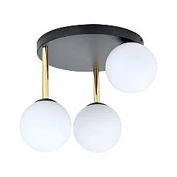 Plafoniera Contemporanea 3 Luci Teseo In Acciaio Nero Oro E Sfere Vetro Bianco